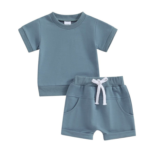 Solid Short Sleeve Baby Set - Wearebambino - Blue - 3 - 6 M - Solid Short Sleeve Baby Set