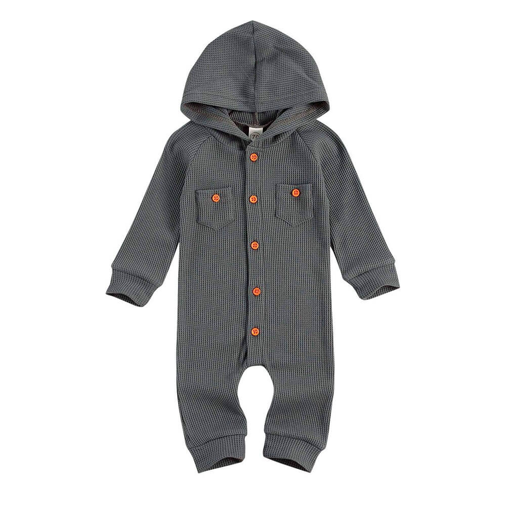 Solid Waffle Hooded Baby Jumpsuit - Wearebambino - Gray - 0 - 3 M - Solid Waffle Hooded Baby Jumpsuit