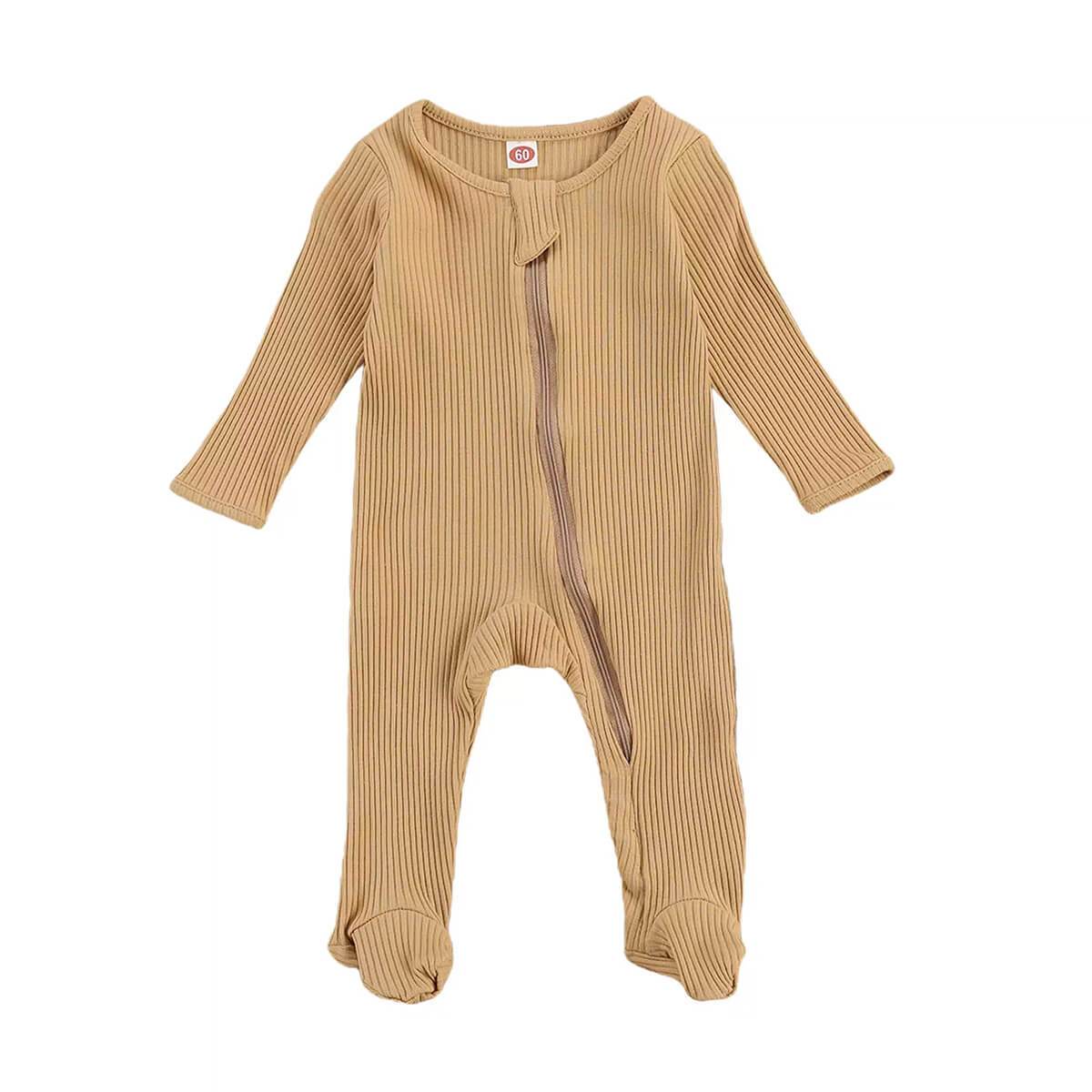 Solid Zipper Footed Baby Jumpsuit - Wearebambino - Brown - 0 - 3 M - Solid Zipper Footed Baby Jumpsuit