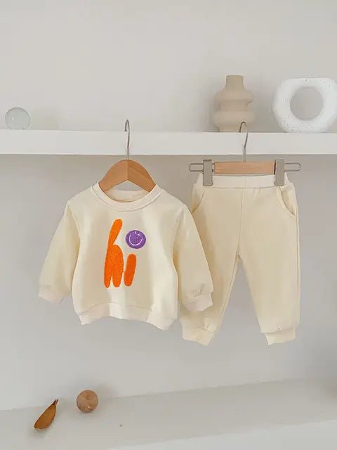 Spring Cartoon Sweatshirt & Pants Set for Baby Girl - Wearebambino - Beige - 9 M - Spring Cartoon Sweatshirt & Pants Set for Baby Girl