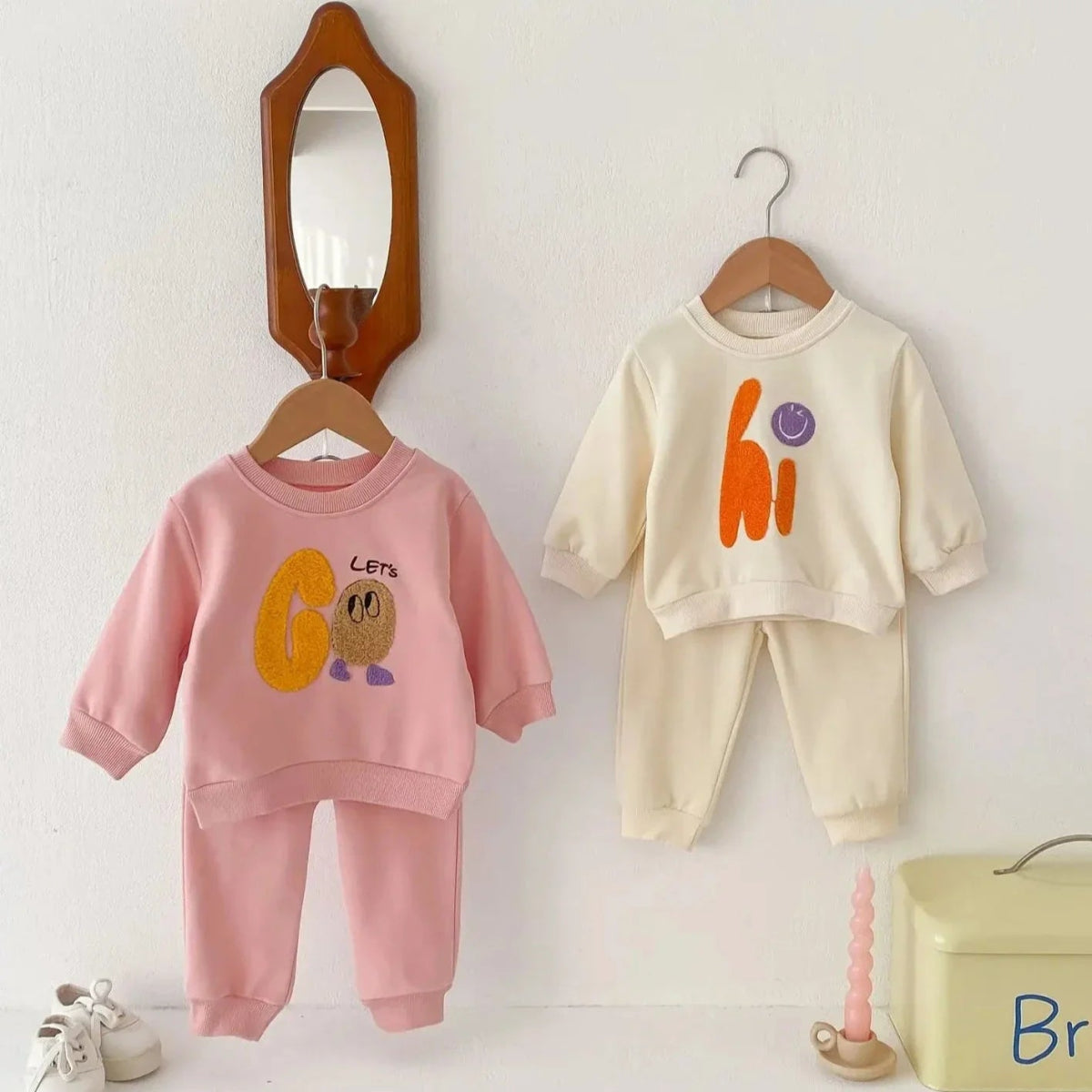 Spring Cartoon Sweatshirt & Pants Set for Baby Girl - Wearebambino - Beige - 9 M - Spring Cartoon Sweatshirt & Pants Set for Baby Girl