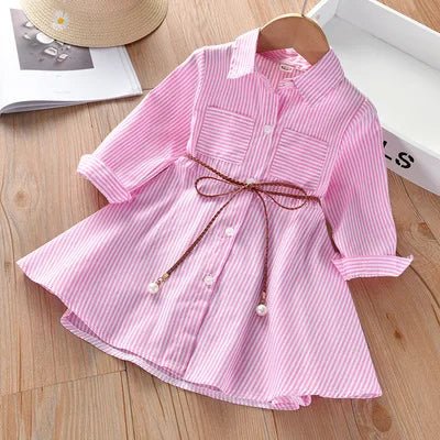 Spring Striped Shirt Dress for Girls - Wearebambino - Pink - 2T - Spring Striped Shirt Dress for Girls