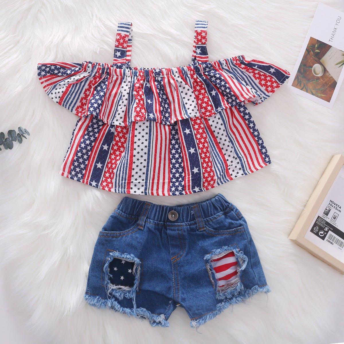 Stars and Stripes Patched Denim Shorts Set - Wearebambino - Blue - 2T - Stars and Stripes Patched Denim Shorts Set