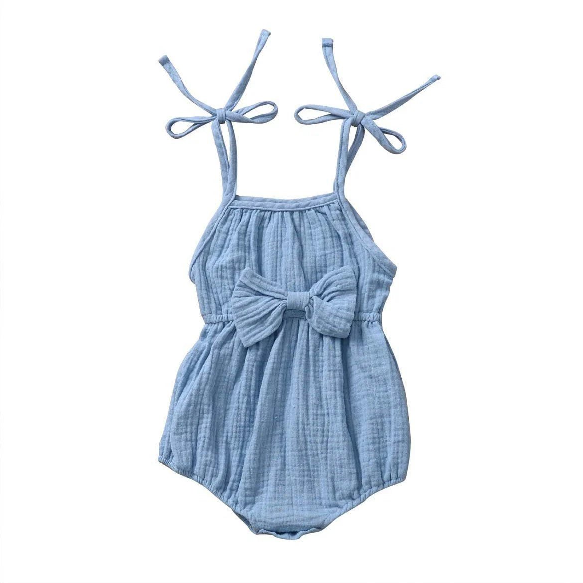 Straps Bow Solid Baby Romper - Wearebambino - Blue - 3 - 6 M - Straps Bow Solid Baby Romper