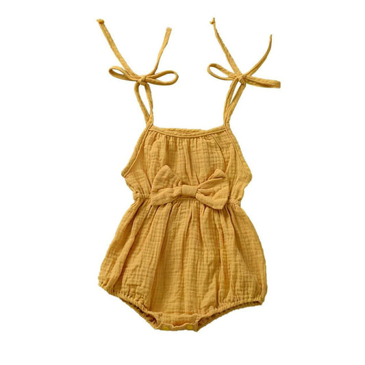 Straps Bow Solid Baby Romper - Wearebambino - Orange - 3 - 6 M - Straps Bow Solid Baby Romper