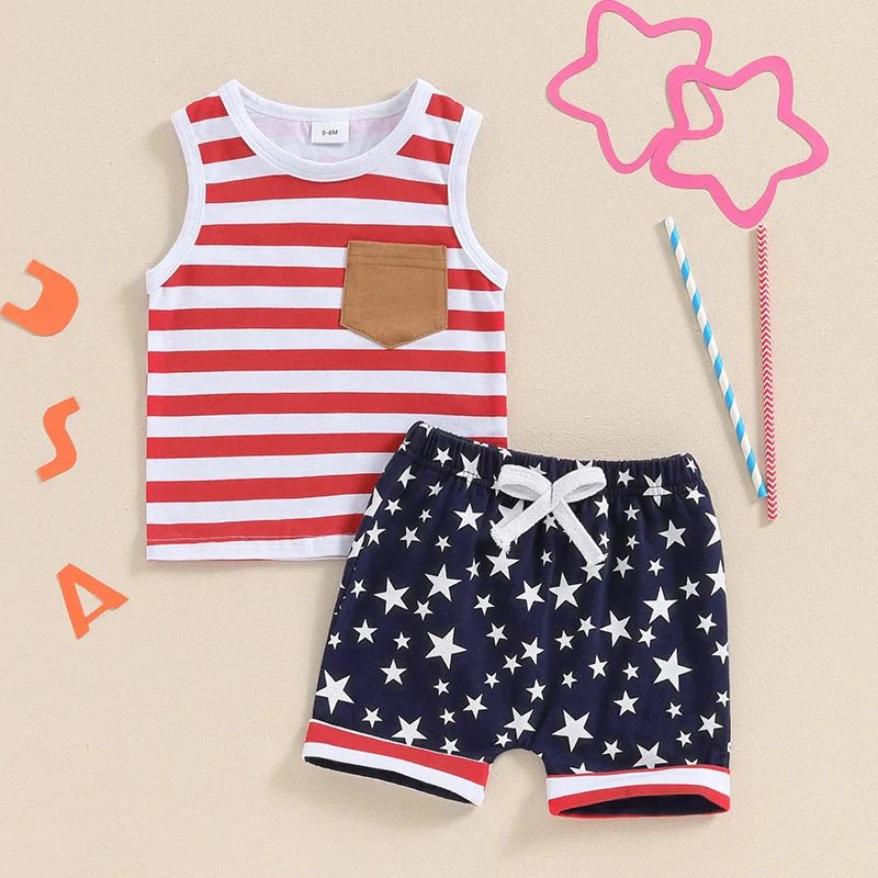 Striped Pocket Tank & Star Shorts - Wearebambino - Red / White / Blue - 3 - 6 M - Striped Pocket Tank & Star Shorts