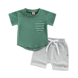 Striped Pocket Tee Solid Shorts Baby Set - Wearebambino - Green - 3 - 6 M - Striped Pocket Tee Solid Shorts Baby Set