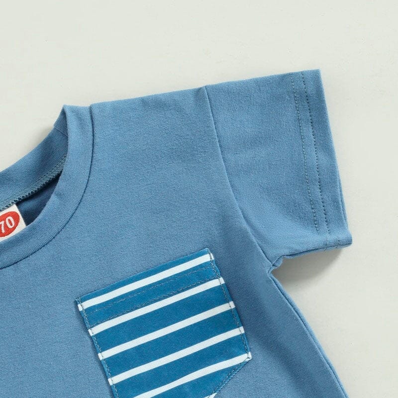 Striped Pocket Tee Solid Shorts Baby Set - Wearebambino - Blue - 3 - 6 M - Striped Pocket Tee Solid Shorts Baby Set