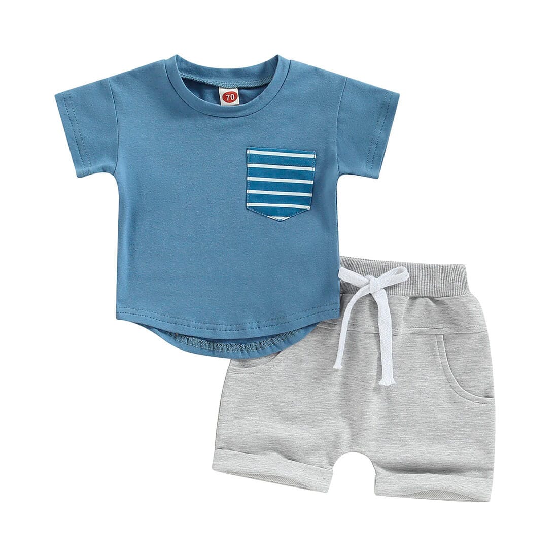 Striped Pocket Tee Solid Shorts Baby Set - Wearebambino - Blue - 3 - 6 M - Striped Pocket Tee Solid Shorts Baby Set