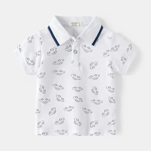 Summer Cartoon Car Print Polo Shirts for Boys - Wearebambino - White - 2T - Summer Cartoon Car Print Polo Shirts for Boys