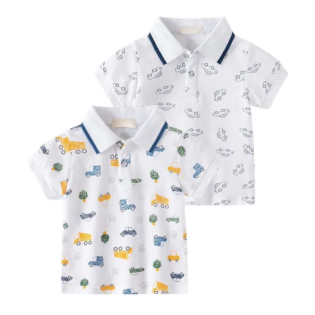 Summer Cartoon Car Print Polo Shirts for Boys - Wearebambino - Multicolor - 2T - Summer Cartoon Car Print Polo Shirts for Boys