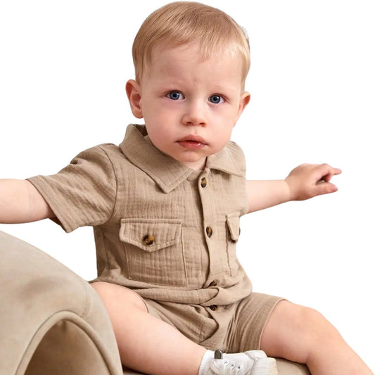 Summer Khaki Romper: Casual Baby Comfort - Wearebambino - Ink blue - 12 - 18 M - Summer Khaki Romper: Casual Baby Comfort