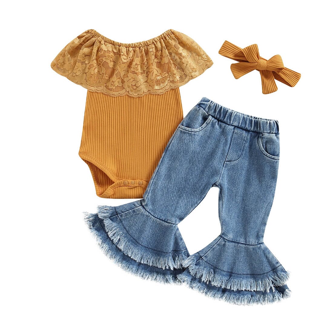 Tassel Flared Jeans Baby Set - Wearebambino - Orange - 3 - 6 M - Tassel Flared Jeans Baby Set