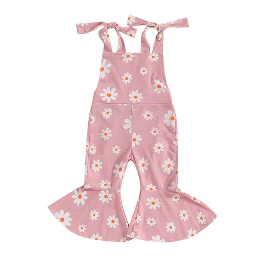 Tie Straps Daisy Flared Toddler Jumpsuit - Wearebambino - Pink - 9 - 12 M - Tie Straps Daisy Flared Toddler Jumpsuit