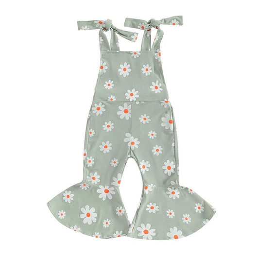 Tie Straps Daisy Flared Toddler Jumpsuit - Wearebambino - Green - 9 - 12 M - Tie Straps Daisy Flared Toddler Jumpsuit