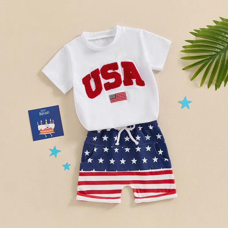 Toddler Baby Boy 2Pcs 4th of July Outfit USA Letter Print O - Neck Short Sleeve TopsElastic Waist Stars and Stripes Flag Shorts Summer Outfit Set - Wearebambino - WHITE - 18 - 24 M - United States - Toddler Baby Boy 2Pcs 4th of July Outfit USA Letter Print O - Neck Short Sleeve TopsElastic Waist Stars and Stripes Flag Shorts Summer Outfit Set