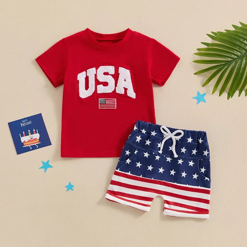 Toddler Baby Boy 2Pcs 4th of July Outfit USA Letter Print O - Neck Short Sleeve TopsElastic Waist Stars and Stripes Flag Shorts Summer Outfit Set - Wearebambino - WHITE - 18 - 24 M - United States - Toddler Baby Boy 2Pcs 4th of July Outfit USA Letter Print O - Neck Short Sleeve TopsElastic Waist Stars and Stripes Flag Shorts Summer Outfit Set