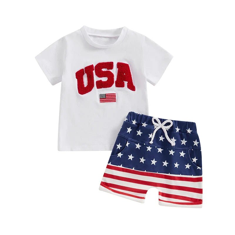 Toddler Baby Boy 2Pcs 4th of July Outfit USA Letter Print O - Neck Short Sleeve TopsElastic Waist Stars and Stripes Flag Shorts Summer Outfit Set - Wearebambino - WHITE - 18 - 24 M - United States - Toddler Baby Boy 2Pcs 4th of July Outfit USA Letter Print O - Neck Short Sleeve TopsElastic Waist Stars and Stripes Flag Shorts Summer Outfit Set