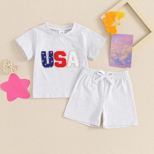 Toddler Baby Boy 2Pcs USA 4th of July Outfits Short Sleeve Letter Embroidery Top + Shorts Set Summer Clothes - Wearebambino - GRAY - 18 - 24 M - United States - Toddler Baby Boy 2Pcs USA 4th of July Outfits Short Sleeve Letter Embroidery Top + Shorts Set Summer Clothes