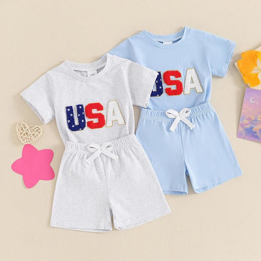 Toddler Baby Boy 2Pcs USA 4th of July Outfits Short Sleeve Letter Embroidery Top + Shorts Set Summer Clothes - Wearebambino - GRAY - 18 - 24 M - United States - Toddler Baby Boy 2Pcs USA 4th of July Outfits Short Sleeve Letter Embroidery Top + Shorts Set Summer Clothes