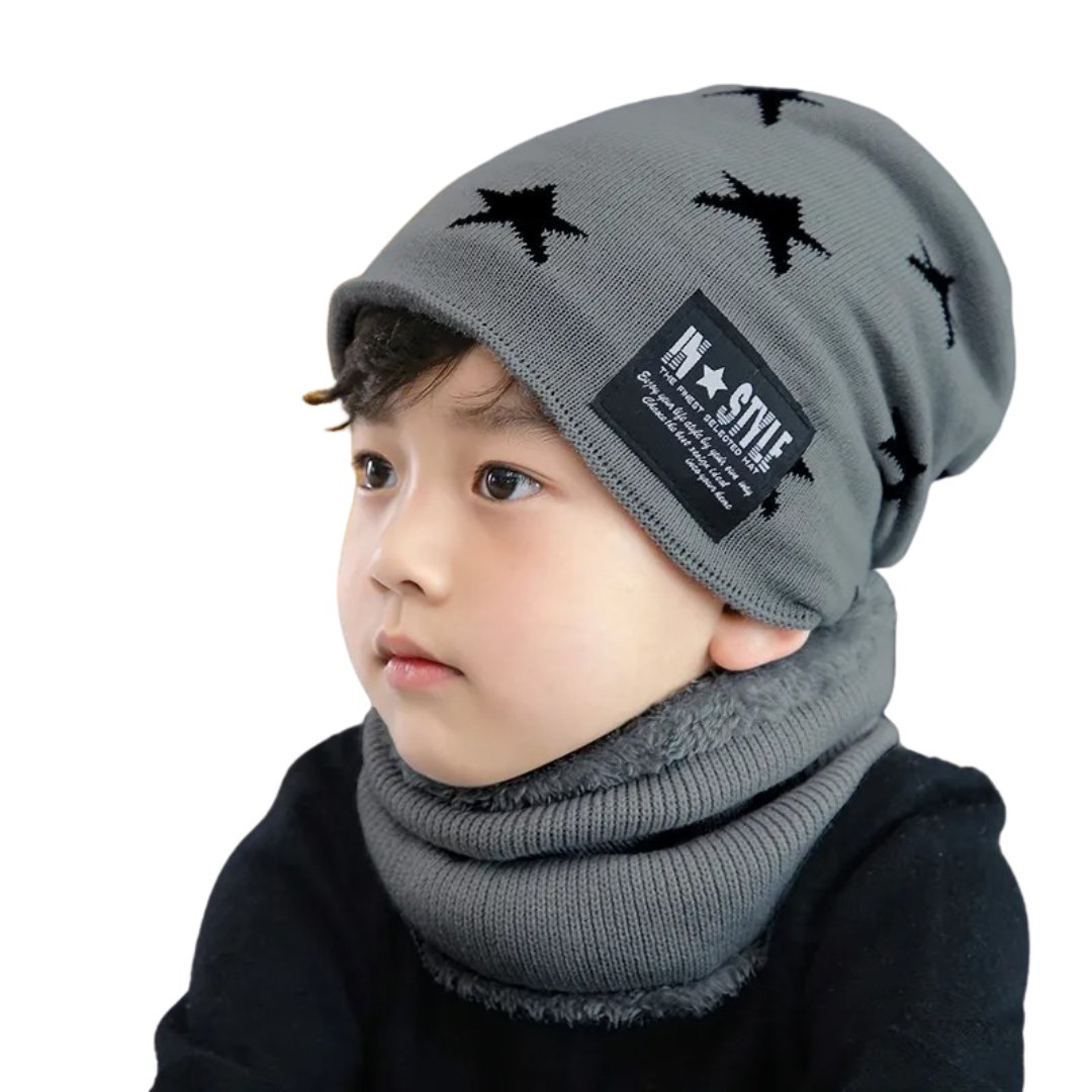 Toddler / Kid Stars Fleece Knitted Beanie Hat and Scarf Set - Wearebambino - Grey - Toddler / Kid Stars Fleece Knitted Beanie Hat and Scarf Set