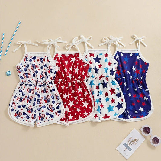 Toddler Kids Girls Jumpsuit Tie - up Spaghetti Straps Stars USA Flag Sunglasses Print Romper 4th of July - Wearebambino - White with Blue & Red Stars - 3T - United States - Toddler Kids Girls Jumpsuit Tie - up Spaghetti Straps Stars USA Flag Sunglasses Print Romper 4th of July