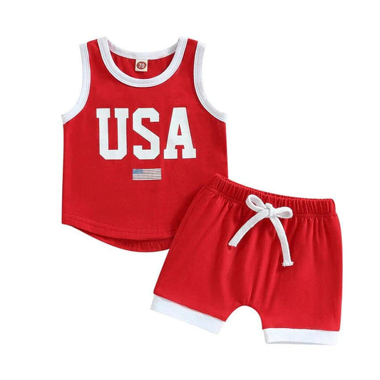 USA Sleeveless Red Shorts Baby Set - Wearebambino - 3 - 6 M - USA Sleeveless Red Shorts Baby Set