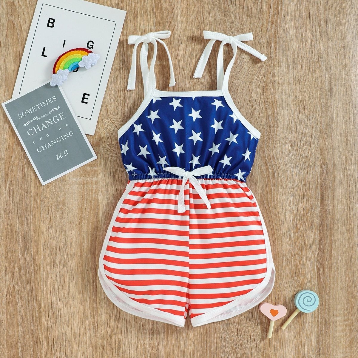 USA Stars & Stripes Shoulder Tie Romper - Wearebambino - Red / White / Blue - 6 - 9 M - USA Stars & Stripes Shoulder Tie Romper