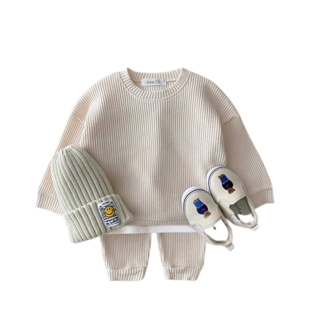 Waffle Cotton Kids Tracksuit Set - Wearebambino - Ivory - 18 - 24 M - Waffle Cotton Kids Tracksuit Set