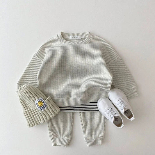 Waffle Cotton Kids Tracksuit Set - Wearebambino - Grey - 18 - 24 M - Waffle Cotton Kids Tracksuit Set