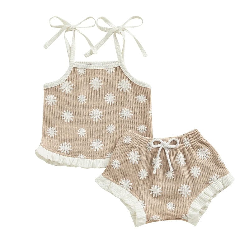 Waffle Floral Ruffled Baby Set - Wearebambino - Beige - 0 - 3 M - Waffle Floral Ruffled Baby Set