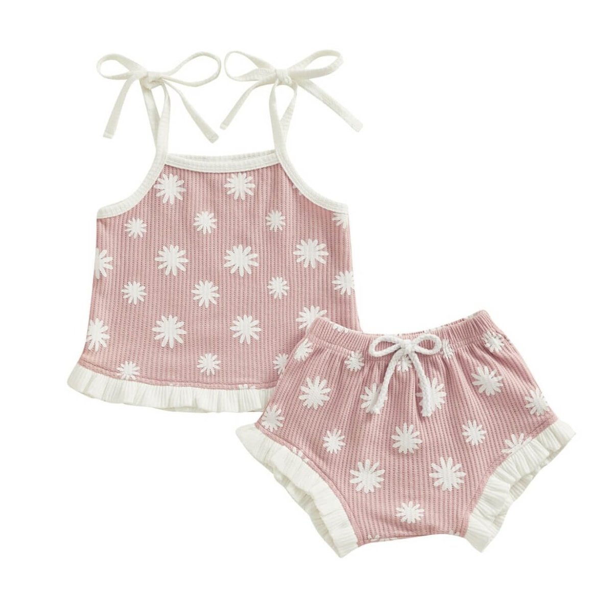 Waffle Floral Ruffled Baby Set - Wearebambino - Pink - 0 - 3 M - Waffle Floral Ruffled Baby Set