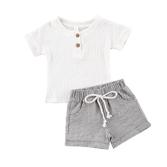 White Linen Striped Baby Set - Wearebambino - 3 - 6 M - White Linen Striped Baby Set