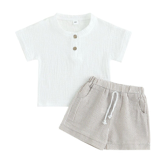 White Linen Striped Toddler Set - Wearebambino - Khaki - 9 - 12 M - White Linen Striped Toddler Set