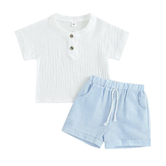 White Linen Striped Toddler Set - Wearebambino - Blue - 9 - 12 M - White Linen Striped Toddler Set