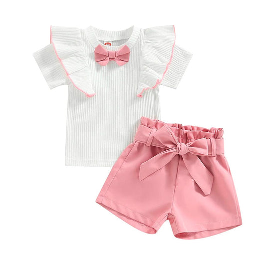 White Ribbed Pink Shorts Toddler Set - Wearebambino - 9 - 12 M - White Ribbed Pink Shorts Toddler Set