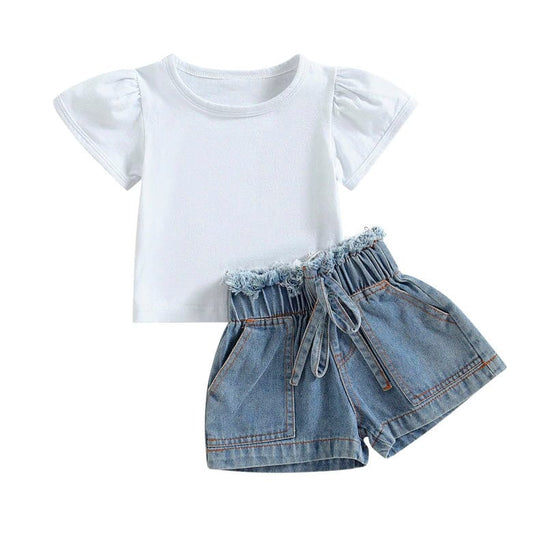 White Tee Denim Shorts Toddler Set - Wearebambino - 9 - 12 M - White Tee Denim Shorts Toddler Set