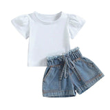 White Tee Denim Shorts Toddler Set - Wearebambino - 9 - 12 M - White Tee Denim Shorts Toddler Set