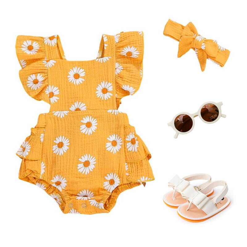 Yellow Daisies Baby Romper - Wearebambino - 3 - 6 M - Yellow Daisies Baby Romper